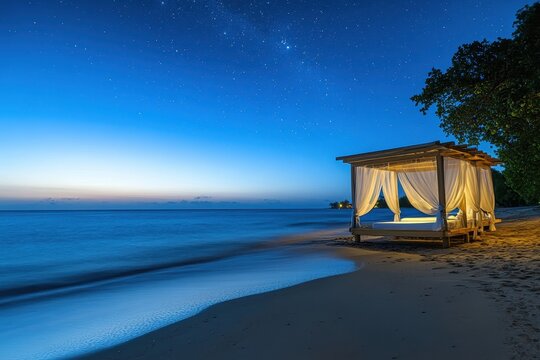 Luxury Beach Cabana at Night with Starry Sky and Tranquil Ocean Waves