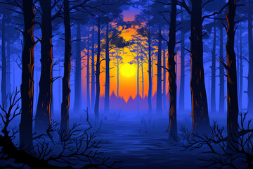 Obraz premium Silhouetted Pine Trees at Sunset in a Blue Mist Forest