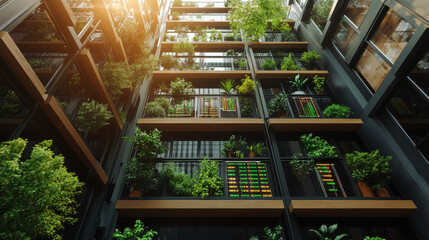 Vertical garden with lush greenery and plant growth. Modern urban building fostering eco-friendly living with natural elements.