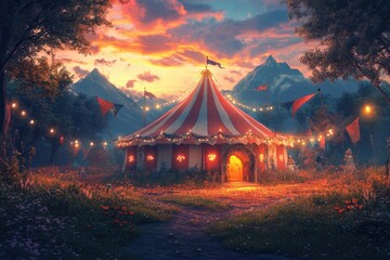 Magical Sunset over Enchanted Circus Tent with Mountains and Fairy Lights