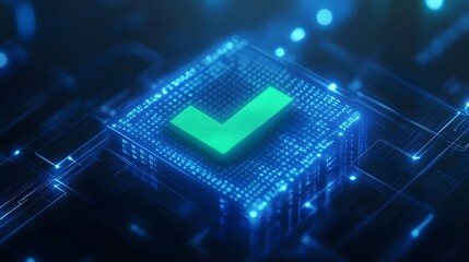 Futuristic digital checkmark in a glowing circuit board, symbolizing technology validation, approval, and cybersecurity in a virtual environment.