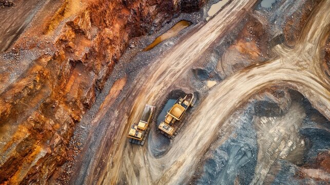 Aerial view of an expansive gold mining operation with winding roads and excavators