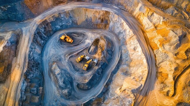 Aerial view of an expansive gold mining operation with winding roads and excavators