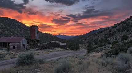 A serene sunset over an abandoned gold mine with remnants of old machinery and buildings