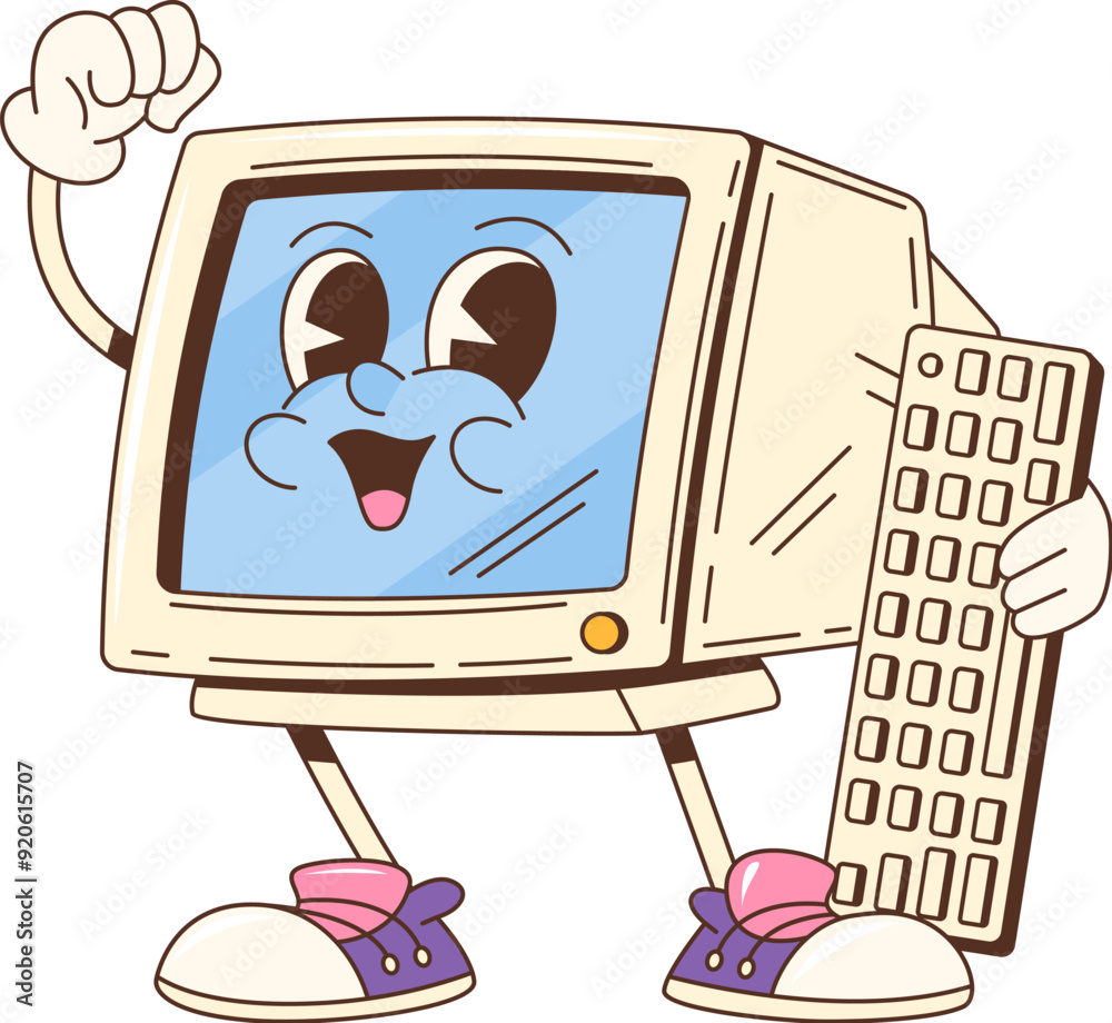 Leinwandbilder cartoon groovy computer character or comic retro pc with funky funny face, vector 70s comic art. gro