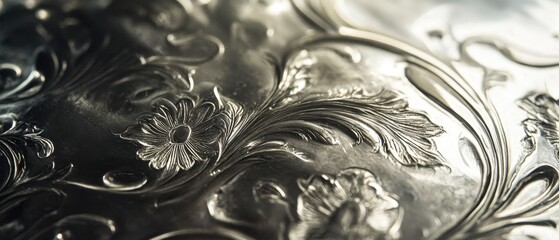A close view of silver with engraved patterns and reflective qualities