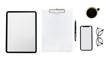Png digital device screen mockup with tablet and phone workspace flat lay