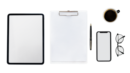 Png digital device screen mockup with tablet and phone workspace flat lay