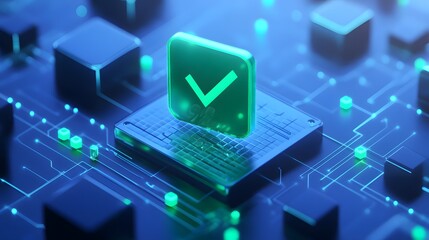 Futuristic digital circuit board with green checkmark symbol signifying successful and secure data processing and technology validation.