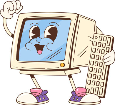 Cartoon groovy computer character or comic retro PC with funky funny face, vector 70s comic art. Groovy retro PC computer with keyboard and happy smiling face on screen display for hipster emoji