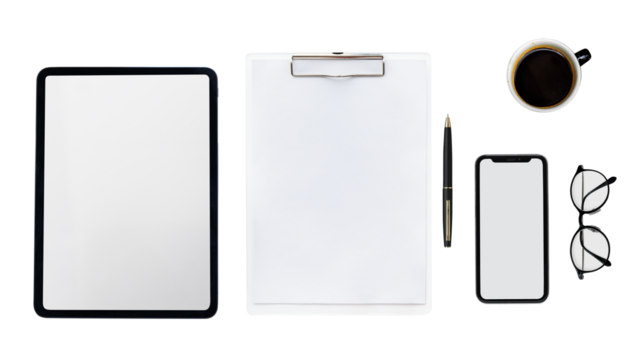 Png digital device screen mockup with tablet and phone workspace flat lay - Powered by Adobe