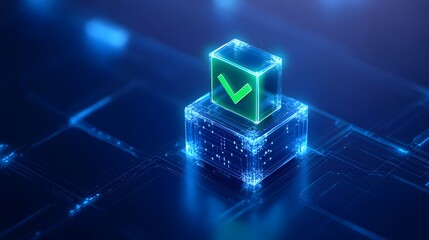 Futuristic digital concept with a green checkmark symbol on glowing blue blocks, representing technology, security, and approval.