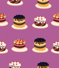 Pattern of delicious cakes on purple background.