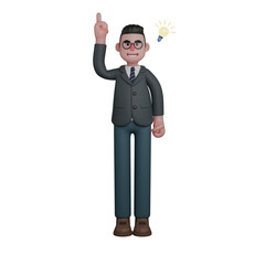 Male Teacher with Blackboard. Man Standing Upright With One Hand Raising his Index Finger, With The Symbol of a Light Bulb On. 3D Illustration