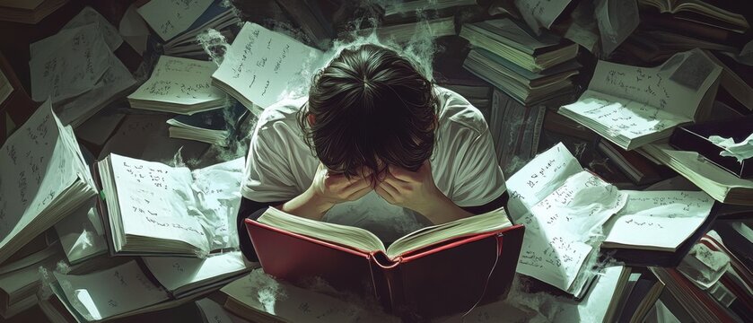 A student surrounded by notes and books, with depression depicted as an inescapable darkness