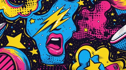 Fototapeta premium Retro 90s comics illustration with pop art pattern. Abstract and psychedelic background.