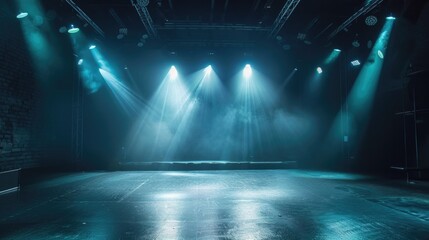Empty nightclub stage with spotlights. Ideal for advertising and promotional materials.
