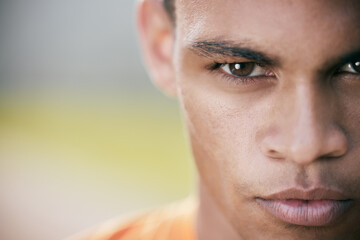 Fitness portrait, man and serious athlete for exercise, training and outdoor workout on mockup...
