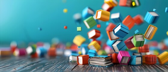 Colorful Books Falling on a Wooden Table.