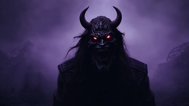 Scary demon with glowing eyes and large horns is emerging from the darkness. Its teeth are bared in a terrifying snarl