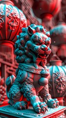Cyber stone lion statue and lantern abstract background
