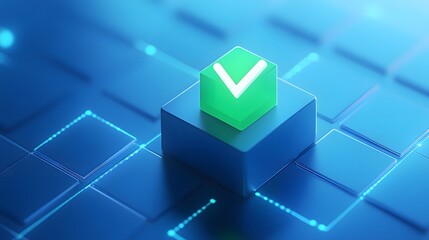 Green checkmark icon on a blue digital platform, representing approval, verification, or success in a technology concept.