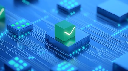 Green checkmark on a glowing digital cube, representing data verification and security on a blue circuit board background.