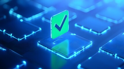 Green checkmark on a glowing futuristic keyboard button representing online approval and digital verification in a technological environment.