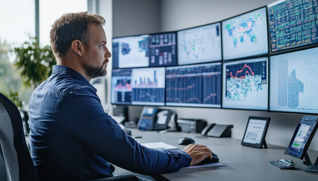 Financial analyst is working at his desk, analyzing data on multiple monitors - Powered by Adobe