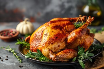 Delicious roasted turkey garnished with herbs lying on a plate ready to be served for a festive dinner