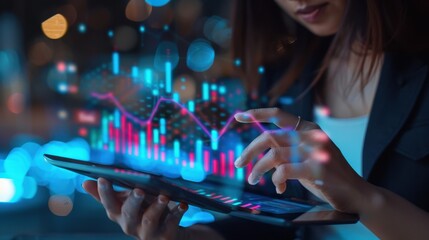 Fototapeta premium Businesswoman using a tablet with holographic financial graphs and blockchain visuals, fintech, advanced financial solutions