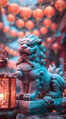 Fototapeta premium Cyber stone lion statue and lantern abstract background