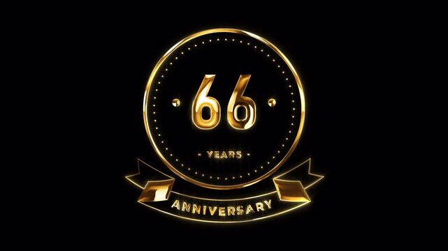 66th Anniversary Celebration. Happy 66 Years Anniversary Animation in Gold Color on the Transparent Background, Alpha Channel. Great for greetings, celebrations, events, and gifts.