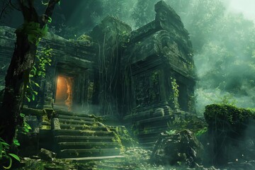 Obraz premium Ancient stone temple is being reclaimed by the jungle with vines and lush foliage growing on the structure