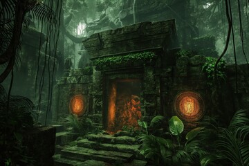 Obraz premium Ancient mayan temple entrance is being reclaimed by the jungle with lush greenery growing on its facade