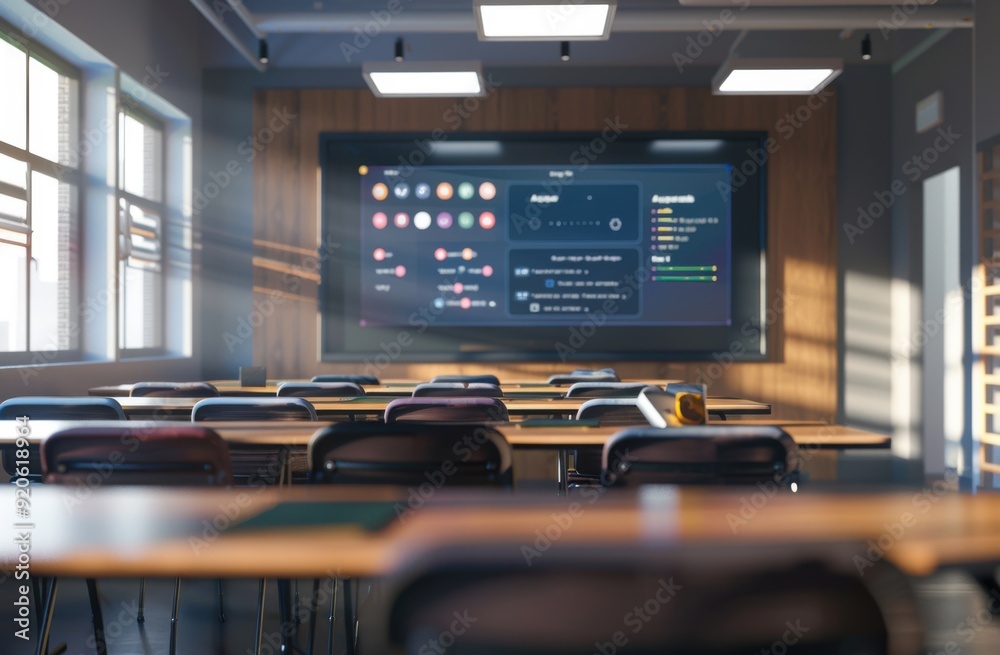 Poster Empty classroom with neatly arranged desks and chairs, an interactive whiteboard with educational content. The background is slightly blurred to highlight the detailed texture of the wooden tables 