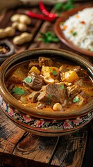 Top view of Thai traditional food, chicken Massaman Curry soup with ingredients on the table. AI generated illustration