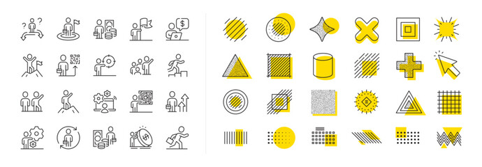 Leadership flag, person skill and maze labyrinth set. Design shape elements. Business people line icons. Goal flag, management strategy and human skill line icons. Vector