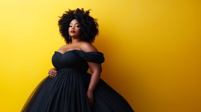A full body photo of an African American woman with natural hair, plus size model wearing a black off the shoulder ball gown dress against a solid yellow background, with professio