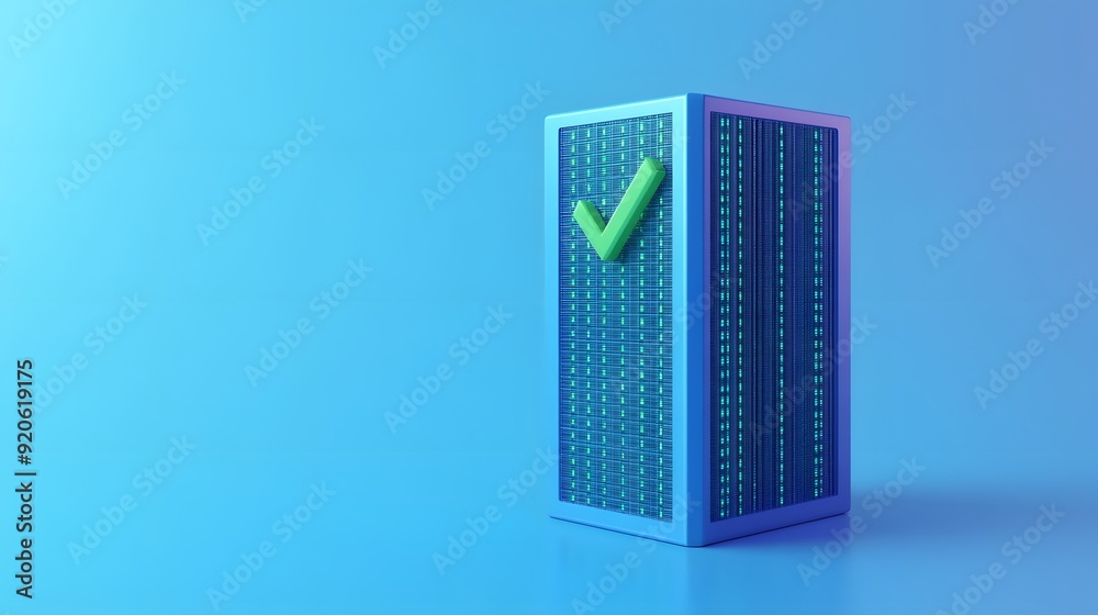 Poster secure server data concept with a check mark on a metallic case, symbolizing verified and protected 