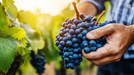 A farmer harvesting grapes in a lush vineyard, symbolizing tradition and the craft of winemaking, symbolizing dedication, sustainability, and the art of agriculture
