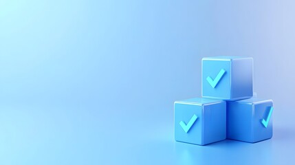 Three blue blocks with check marks on a gradient background, symbolizing completion, success, and approval in a modern design.
