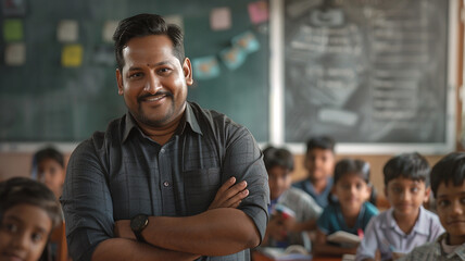 Obraz premium portrait of a male teacher, India, Bangladesh, male teacher, portrait of male teacher, student in classroom V
