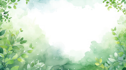 Spring Frame Background with empty space. Frame with a white center, surrounded by watercolor illustrations of various plants and flowers. Green leaves. Empty white space in the middle. Greeting cards