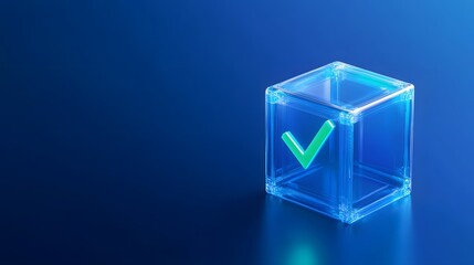 Transparent cube with a green checkmark inside on a blue gradient background symbolizing approval, success, and verification.