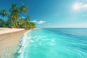 Naklejka premium Turquoise water is gently lapping on the shore of an idyllic tropical beach with lush green palm trees and a bright blue sky