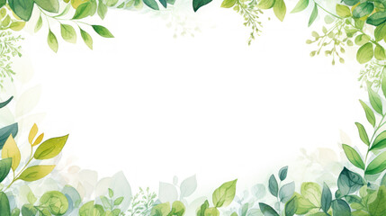 Spring Frame Background with empty space. Frame with a white center, surrounded by watercolor illustrations of various plants and flowers. Green leaves. Empty white space in the middle. Greeting cards