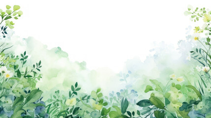 Spring Frame Background with empty space. Frame with a white center, surrounded by watercolor illustrations of various plants and flowers. Green leaves. Empty white space in the middle. Greeting cards