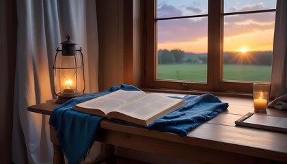 The perfect reading nook, an open book, blue shawl and warm lighting to read and relax in peace