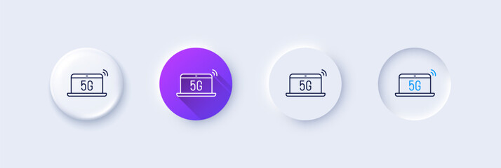 5g notebook line icon. Neumorphic, Purple gradient, 3d pin buttons. Wireless technology sign. Mobile wifi internet symbol. Line icons. Neumorphic buttons with outline signs. Vector